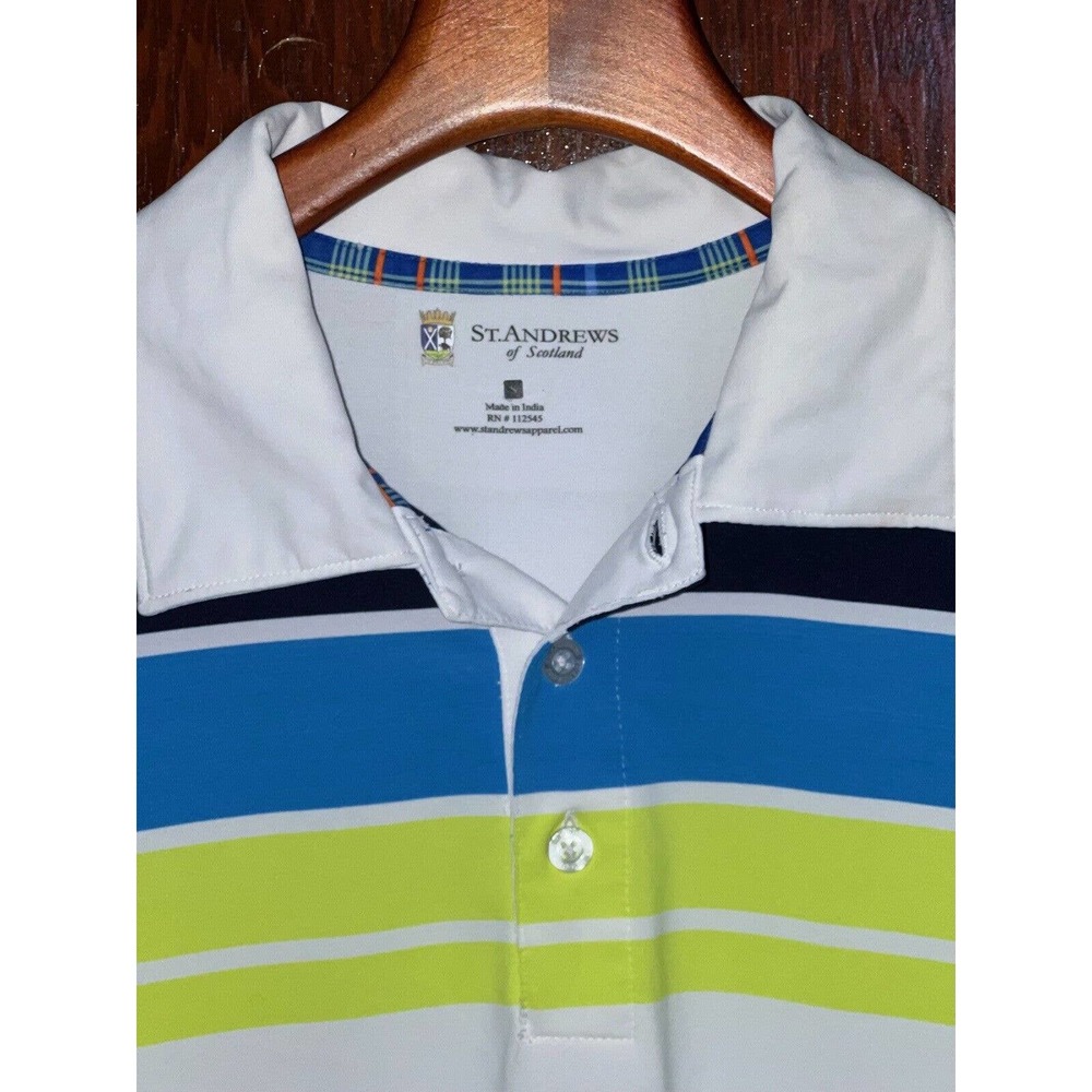 ST ANDREWS OF SCOTLAND WHITE W BLUE & YELLOW STRETCH GOLF POLO SHIRT S